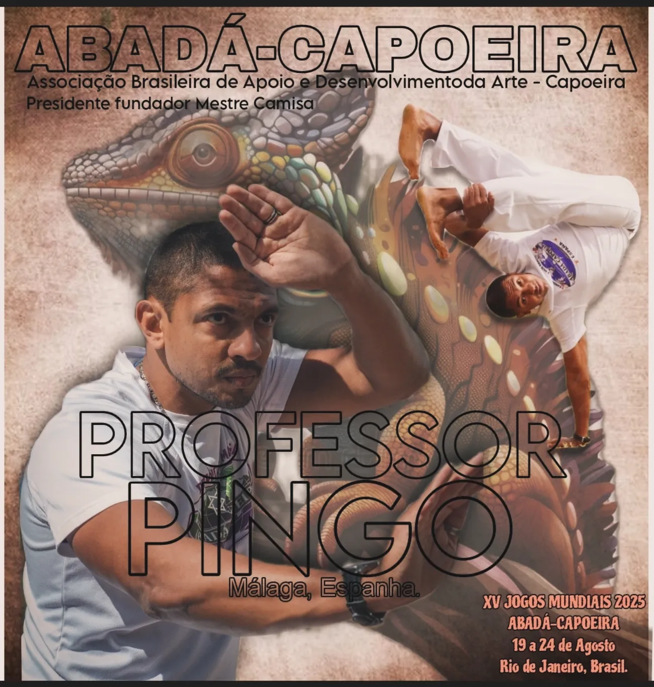 Cartel del Profesor Pingo para los XV Jogos Mundiais de ABADÁ-Capoeira en Río de Janeiro, 2023